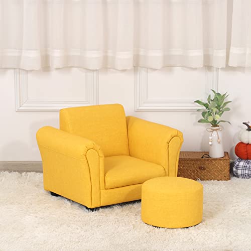 Getifun Kids Sofa Chair with Ottoman/PVC Leather Toddler Couch with Plastic Legs/Upholstered Children Armchair for Kids Under 4 Years Old/Single Seat with Stool (Yellow)