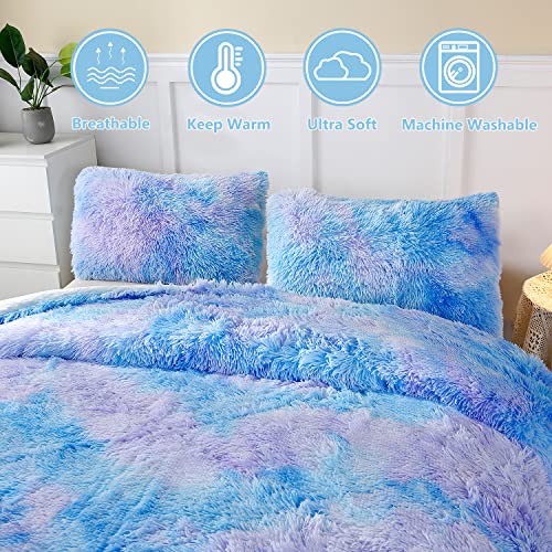 PERFEMET Blue Plush Shaggy Comforter Set Queen Size Tie Dye Faux Fur Fluffy Comforter Bedding Set Colorful Rainbow Furry Velvet Duvet Quilted Set for Teens Girls (Blue Ombre, Queen)