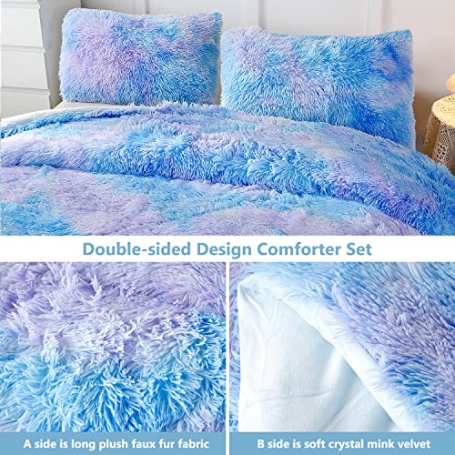 PERFEMET Blue Plush Shaggy Comforter Set Queen Size Tie Dye Faux Fur Fluffy Comforter Bedding Set Colorful Rainbow Furry Velvet Duvet Quilted Set for Teens Girls (Blue Ombre, Queen)