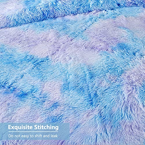 PERFEMET Blue Plush Shaggy Comforter Set Queen Size Tie Dye Faux Fur Fluffy Comforter Bedding Set Colorful Rainbow Furry Velvet Duvet Quilted Set for Teens Girls (Blue Ombre, Queen)