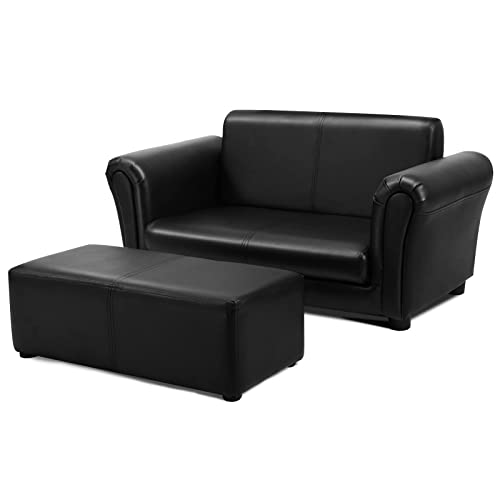 INFANS 2 Seat Children Sofa, Upholstered Couch with Footstool, PVC Leather, Sturdy Wood Construction, Armrest Couch for Preschool Children Boys & Girls, Kid Couch Lounge Bed with Ottoman (Dark Black)
