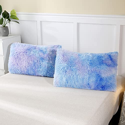 PERFEMET Blue Plush Shaggy Comforter Set Queen Size Tie Dye Faux Fur Fluffy Comforter Bedding Set Colorful Rainbow Furry Velvet Duvet Quilted Set for Teens Girls (Blue Ombre, Queen)