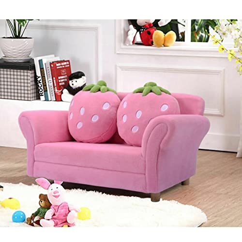 Kids Sofa, With 2 Cute Strawberry Pillows, Toddler Chair Armrest Chair Double Seats, Toddler Couch Lounge Bed 2 In 1, Wooden Frame And Coral Fleece Surface For Bedroom, Living Room, Baby Room