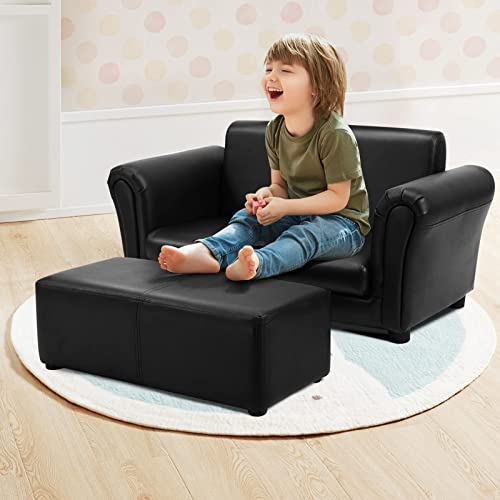 INFANS 2 Seat Children Sofa, Upholstered Couch with Footstool, PVC Leather, Sturdy Wood Construction, Armrest Couch for Preschool Children Boys & Girls, Kid Couch Lounge Bed with Ottoman (Dark Black)