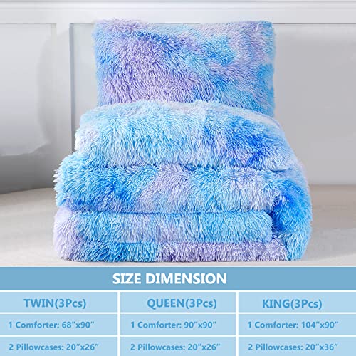 PERFEMET Blue Plush Shaggy Comforter Set Queen Size Tie Dye Faux Fur Fluffy Comforter Bedding Set Colorful Rainbow Furry Velvet Duvet Quilted Set for Teens Girls (Blue Ombre, Queen)