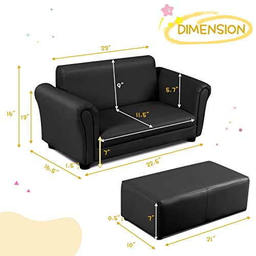 INFANS 2 Seat Children Sofa, Upholstered Couch with Footstool, PVC Leather, Sturdy Wood Construction, Armrest Couch for Preschool Children Boys & Girls, Kid Couch Lounge Bed with Ottoman (Dark Black)