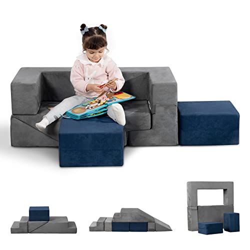 MOOZHEALTH Modular Kids Couch,Toddlers Convertible Climbing Play Couch Sofa and Imaginative Furniture Foldable Floor Cushion with 2 Ottomans Play Set for Creative Boys & Girls for Playroom Bedroom