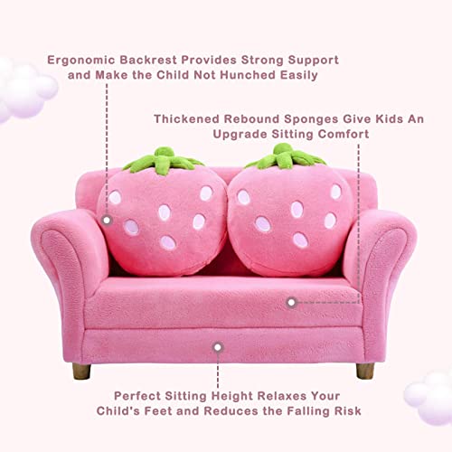 Kids Sofa, With 2 Cute Strawberry Pillows, Toddler Chair Armrest Chair Double Seats, Toddler Couch Lounge Bed 2 In 1, Wooden Frame And Coral Fleece Surface For Bedroom, Living Room, Baby Room