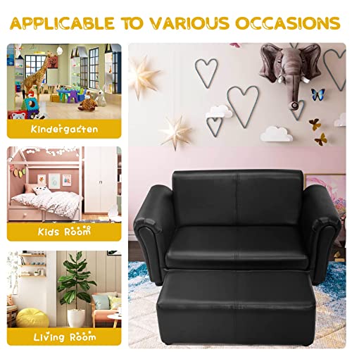 INFANS 2 Seat Children Sofa, Upholstered Couch with Footstool, PVC Leather, Sturdy Wood Construction, Armrest Couch for Preschool Children Boys & Girls, Kid Couch Lounge Bed with Ottoman (Dark Black)