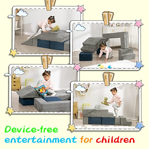 MOOZHEALTH Modular Kids Couch,Toddlers Convertible Climbing Play Couch Sofa and Imaginative Furniture Foldable Floor Cushion with 2 Ottomans Play Set for Creative Boys & Girls for Playroom Bedroom