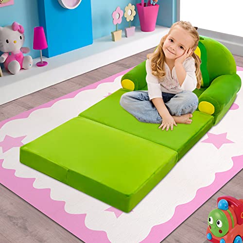 DOFIMATE 2 in 1 Green Toddler Kids Couch That Fold Out, Plush Personalized Toddler Chair Foldable Kids Sofa Couch for Boys Mini Couch Kids Chair for Toddlers0-3
