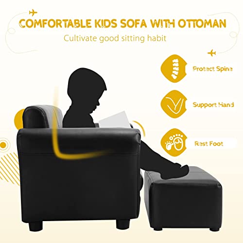 INFANS 2 Seat Children Sofa, Upholstered Couch with Footstool, PVC Leather, Sturdy Wood Construction, Armrest Couch for Preschool Children Boys & Girls, Kid Couch Lounge Bed with Ottoman (Dark Black)