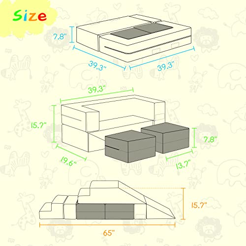 MOOZHEALTH Modular Kids Couch,Toddlers Convertible Climbing Play Couch Sofa and Imaginative Furniture Foldable Floor Cushion with 2 Ottomans Play Set for Creative Boys & Girls for Playroom Bedroom