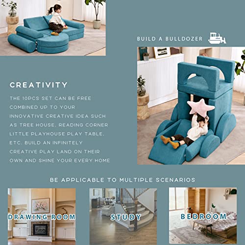 jela Kids Couch 14PCS Luxury, Floor Couch Floor Sofa Modular Furniture for Adults, Playhouse Play Set for Toddlers Babies, Modular Foam Play Couch, Modular Sectional Sofa (Teal, 57"x28"x18")