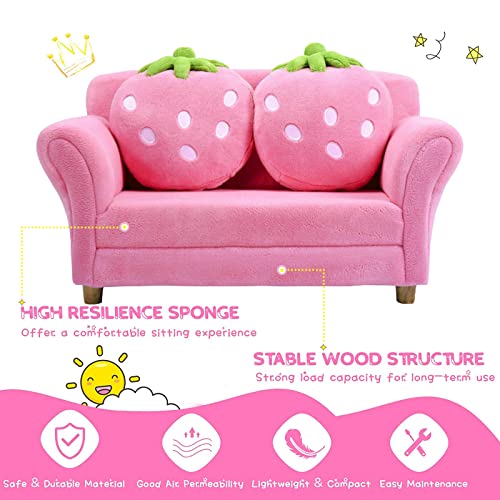 Kids Sofa, With 2 Cute Strawberry Pillows, Toddler Chair Armrest Chair Double Seats, Toddler Couch Lounge Bed 2 In 1, Wooden Frame And Coral Fleece Surface For Bedroom, Living Room, Baby Room