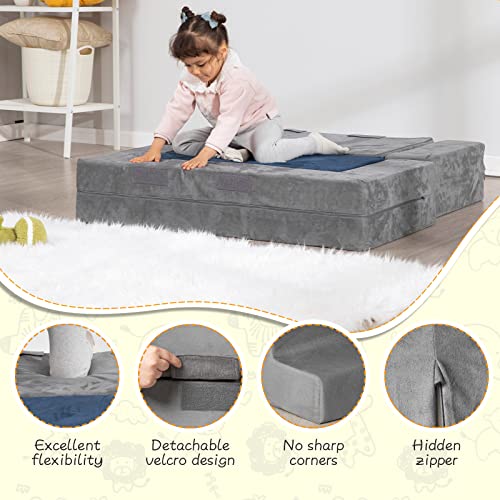 MOOZHEALTH Modular Kids Couch,Toddlers Convertible Climbing Play Couch Sofa and Imaginative Furniture Foldable Floor Cushion with 2 Ottomans Play Set for Creative Boys & Girls for Playroom Bedroom