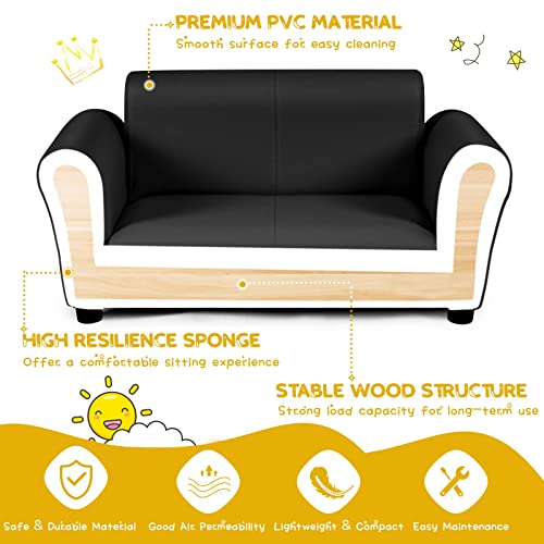 INFANS 2 Seat Children Sofa, Upholstered Couch with Footstool, PVC Leather, Sturdy Wood Construction, Armrest Couch for Preschool Children Boys & Girls, Kid Couch Lounge Bed with Ottoman (Dark Black)