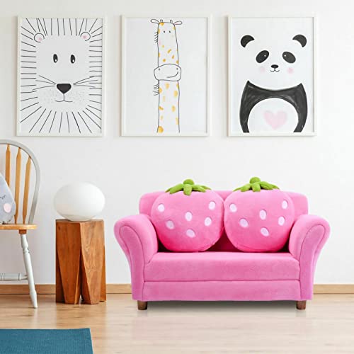 Kids Sofa, With 2 Cute Strawberry Pillows, Toddler Chair Armrest Chair Double Seats, Toddler Couch Lounge Bed 2 In 1, Wooden Frame And Coral Fleece Surface For Bedroom, Living Room, Baby Room