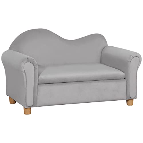 Qaba Ergonomic Foam Kids Sofa with Inner Toy Storage Chest, Velvet Kids Couch with Soft Arms, Children's Lounge Furniture, Grey