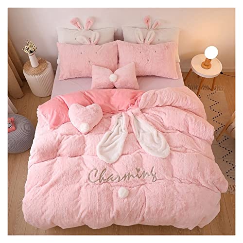TOMYEUS Bedding Sets Soft Bedding Set Fleece Velvet Lovely Rabbit Ears Warm Flannel Duvet Cover Sets Perfect for Double Bed in Girls' Room Comforter Set (Color : Pink, Size : King Size 4pcs)