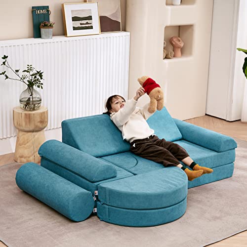 jela Kids Couch 14PCS Luxury, Floor Couch Floor Sofa Modular Furniture for Adults, Playhouse Play Set for Toddlers Babies, Modular Foam Play Couch, Modular Sectional Sofa (Teal, 57"x28"x18")