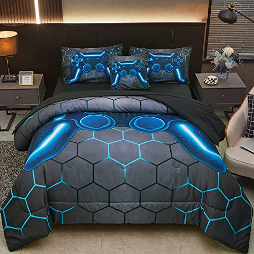 Tasselily Game Console Blue Comforter Set with Sheets, 6 Pcs Bed in A Bag Geometric Lightweight Boys Full Size Bedding Set for Kids Teens