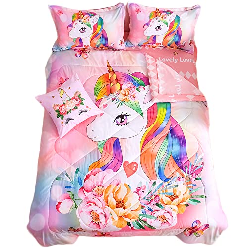 qjmiaofang Unicorn Comforter Set 6Pieces Pink Unicorn Bedding Set with Pink Sheets for Kids Girls Twin Size Flowers and Rainbow Hair Pattern Bed Set Lovely Unicorn Bed-in-a-Bag for Home Decor