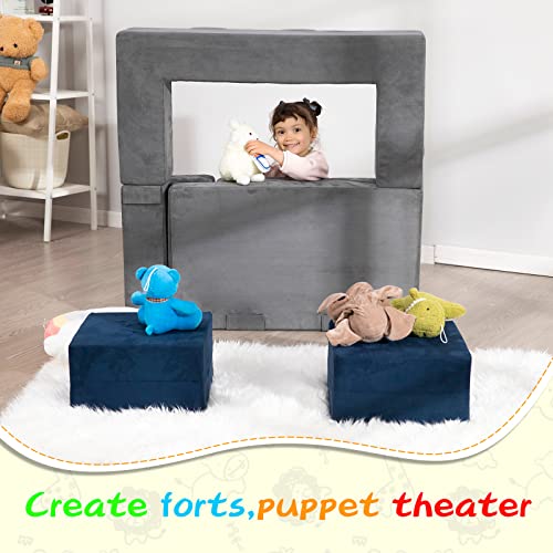 MOOZHEALTH Modular Kids Couch,Toddlers Convertible Climbing Play Couch Sofa and Imaginative Furniture Foldable Floor Cushion with 2 Ottomans Play Set for Creative Boys & Girls for Playroom Bedroom