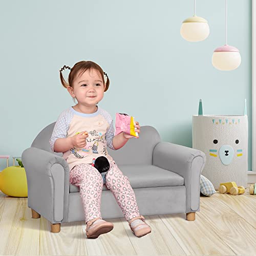 Qaba Ergonomic Foam Kids Sofa with Inner Toy Storage Chest, Velvet Kids Couch with Soft Arms, Children's Lounge Furniture, Grey