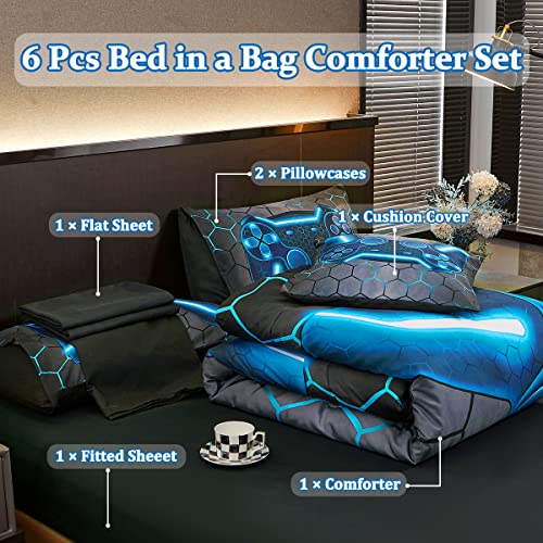 Tasselily Game Console Blue Comforter Set with Sheets, 6 Pcs Bed in A Bag Geometric Lightweight Boys Full Size Bedding Set for Kids Teens
