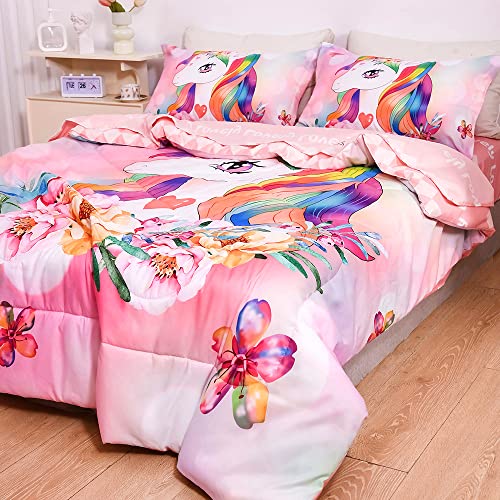 qjmiaofang Unicorn Comforter Set 6Pieces Pink Unicorn Bedding Set with Pink Sheets for Kids Girls Twin Size Flowers and Rainbow Hair Pattern Bed Set Lovely Unicorn Bed-in-a-Bag for Home Decor