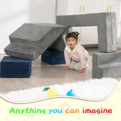 MOOZHEALTH Modular Kids Couch,Toddlers Convertible Climbing Play Couch Sofa and Imaginative Furniture Foldable Floor Cushion with 2 Ottomans Play Set for Creative Boys & Girls for Playroom Bedroom