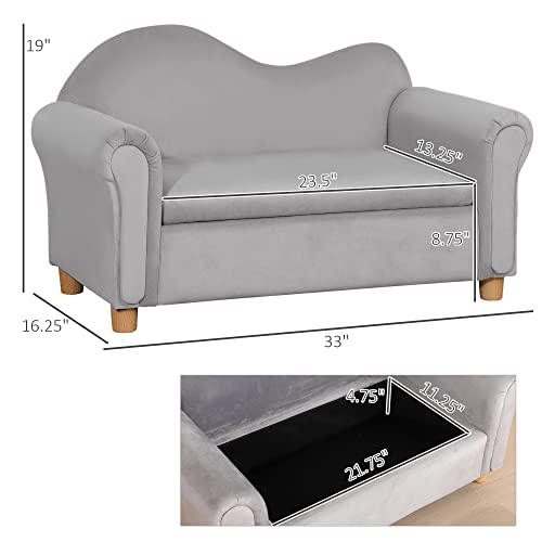 Qaba Ergonomic Foam Kids Sofa with Inner Toy Storage Chest, Velvet Kids Couch with Soft Arms, Children's Lounge Furniture, Grey