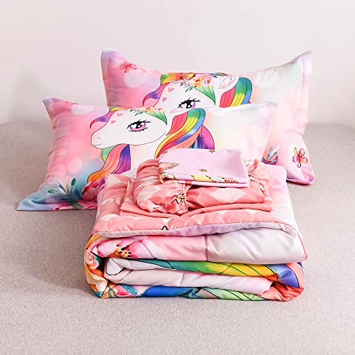qjmiaofang Unicorn Comforter Set 6Pieces Pink Unicorn Bedding Set with Pink Sheets for Kids Girls Twin Size Flowers and Rainbow Hair Pattern Bed Set Lovely Unicorn Bed-in-a-Bag for Home Decor