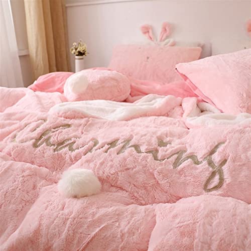 TOMYEUS Bedding Sets Soft Bedding Set Fleece Velvet Lovely Rabbit Ears Warm Flannel Duvet Cover Sets Perfect for Double Bed in Girls' Room Comforter Set (Color : Pink, Size : King Size 4pcs)