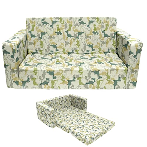 Truwelby Kids Sofa, Children's Extra Wide Convertible Sofa to Lounger - Extra Soft 2 Seats 2 in 1 Flip Open Chair & Sleeper, Cute Dinosaur Print Toddler Chair Kids Couch for Kids Girls Boys