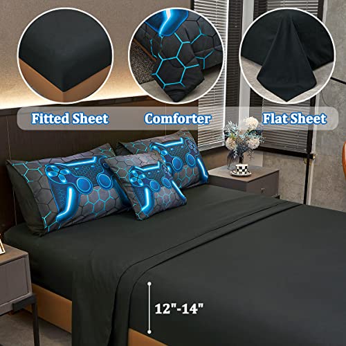 Tasselily Game Console Blue Comforter Set with Sheets, 6 Pcs Bed in A Bag Geometric Lightweight Boys Full Size Bedding Set for Kids Teens