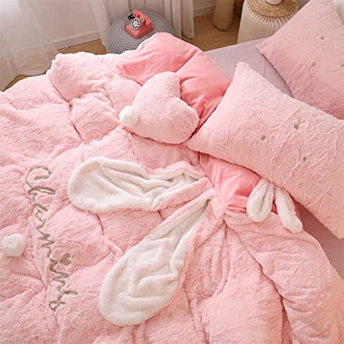 TOMYEUS Bedding Sets Soft Bedding Set Fleece Velvet Lovely Rabbit Ears Warm Flannel Duvet Cover Sets Perfect for Double Bed in Girls' Room Comforter Set (Color : Pink, Size : King Size 4pcs)