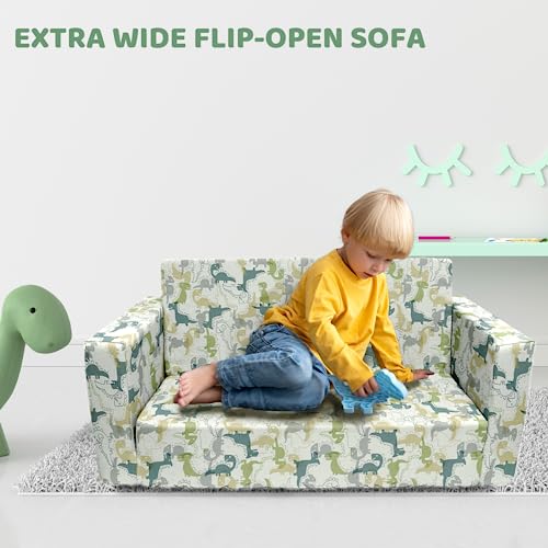 Truwelby Kids Sofa, Children's Extra Wide Convertible Sofa to Lounger - Extra Soft 2 Seats 2 in 1 Flip Open Chair & Sleeper, Cute Dinosaur Print Toddler Chair Kids Couch for Kids Girls Boys