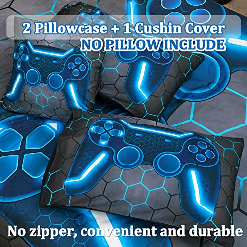 Tasselily Game Console Blue Comforter Set with Sheets, 6 Pcs Bed in A Bag Geometric Lightweight Boys Full Size Bedding Set for Kids Teens