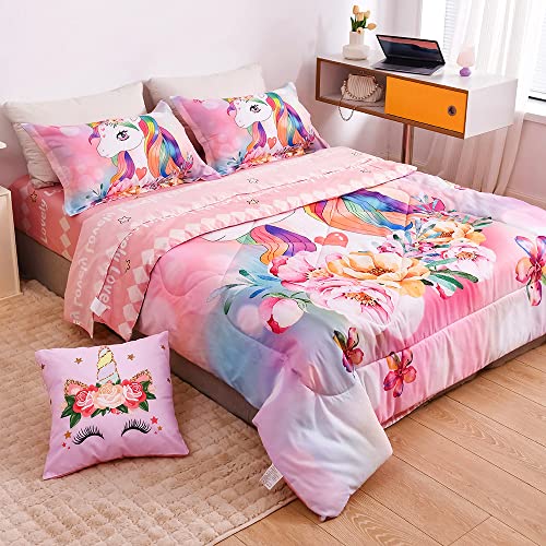 qjmiaofang Unicorn Comforter Set 6Pieces Pink Unicorn Bedding Set with Pink Sheets for Kids Girls Twin Size Flowers and Rainbow Hair Pattern Bed Set Lovely Unicorn Bed-in-a-Bag for Home Decor