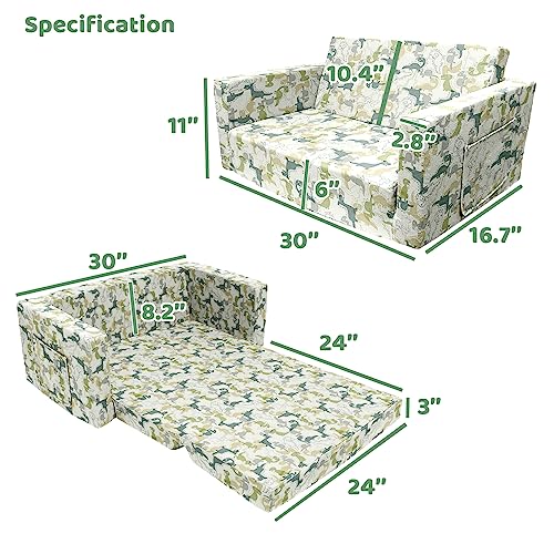 Truwelby Kids Sofa, Children's Extra Wide Convertible Sofa to Lounger - Extra Soft 2 Seats 2 in 1 Flip Open Chair & Sleeper, Cute Dinosaur Print Toddler Chair Kids Couch for Kids Girls Boys