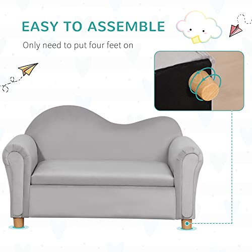 Qaba Ergonomic Foam Kids Sofa with Inner Toy Storage Chest, Velvet Kids Couch with Soft Arms, Children's Lounge Furniture, Grey