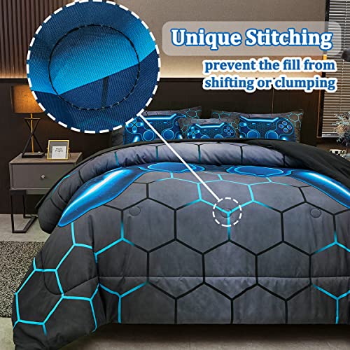 Tasselily Game Console Blue Comforter Set with Sheets, 6 Pcs Bed in A Bag Geometric Lightweight Boys Full Size Bedding Set for Kids Teens