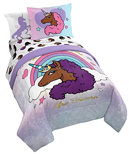 Afro Unicorn Unique, Divine, Magical 5 Piece Twin Size Bed Set - Includes Comforter & Sheet Set - Super Soft Kids Bedding Fade Resistant Microfiber (Official Product)