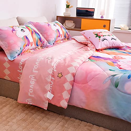 qjmiaofang Unicorn Comforter Set 6Pieces Pink Unicorn Bedding Set with Pink Sheets for Kids Girls Twin Size Flowers and Rainbow Hair Pattern Bed Set Lovely Unicorn Bed-in-a-Bag for Home Decor