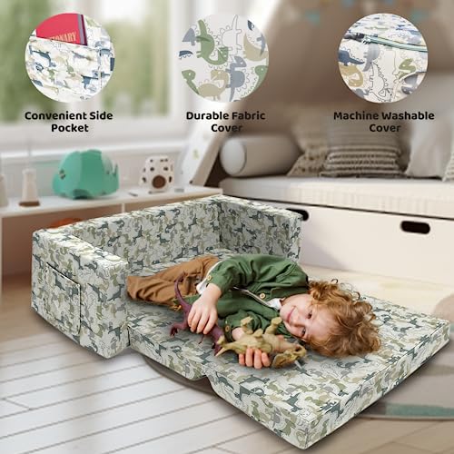 Truwelby Kids Sofa, Children's Extra Wide Convertible Sofa to Lounger - Extra Soft 2 Seats 2 in 1 Flip Open Chair & Sleeper, Cute Dinosaur Print Toddler Chair Kids Couch for Kids Girls Boys