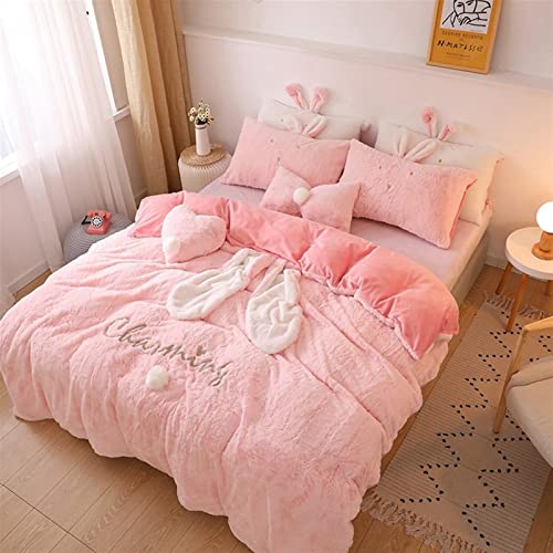 TOMYEUS Bedding Sets Soft Bedding Set Fleece Velvet Lovely Rabbit Ears Warm Flannel Duvet Cover Sets Perfect for Double Bed in Girls' Room Comforter Set (Color : Pink, Size : King Size 4pcs)