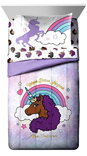 Afro Unicorn Unique, Divine, Magical 5 Piece Twin Size Bed Set - Includes Comforter & Sheet Set - Super Soft Kids Bedding Fade Resistant Microfiber (Official Product)