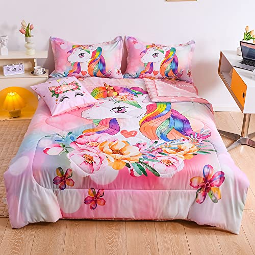 qjmiaofang Unicorn Comforter Set 6Pieces Pink Unicorn Bedding Set with Pink Sheets for Kids Girls Twin Size Flowers and Rainbow Hair Pattern Bed Set Lovely Unicorn Bed-in-a-Bag for Home Decor